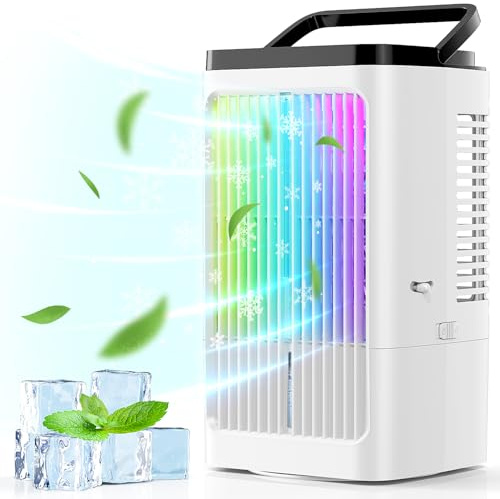 Klimaanlage Mobil, 4 in 1 Mobile Klimaanlage 1200ml mit 2 Sprühstufen & 4 Geschwindigkeitsstufen, 1-8 Timer, 90° Oszillation, USB-C-Anschluss, Mini Luftkühler für Zuhause und Büro (Weiß)