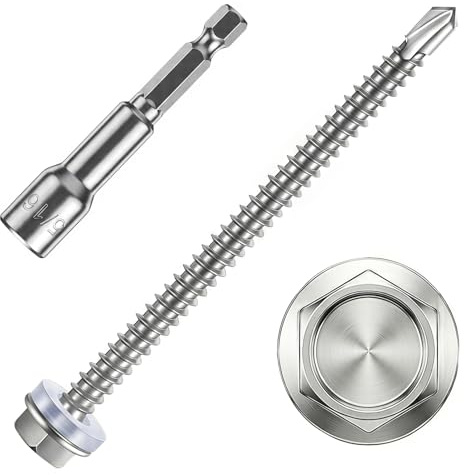 ZKAILCF Vis Autoforeuse Metal Inox 410 Vis Autoperforante 4.8x70mm 100Stk avec Rondelles D'étanchéité EPDM Fixation étanche et 1 Douilles Hexagonale pour Metal Bac Acier Bois Tôle Placo Toiture
