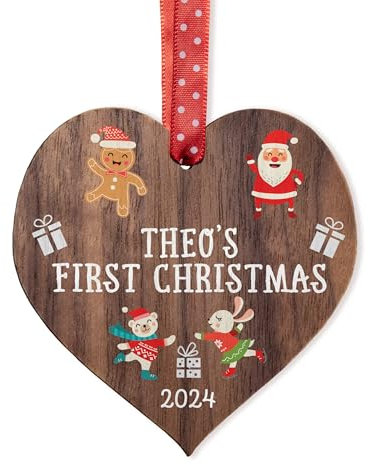 Personalised Baby's First 1st Christmas Bauble tree decoration wooden heart hanging ornament keepsake for boy or girl 12CD