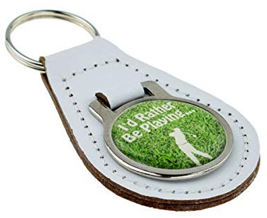 White Bonded Leather & Metal I'd Rather Be Playing Golf Keyring Golfer
