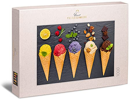 Ulmer Puzzleschmiede - Puzzle „Eiskalte Farben“ - Trendiges 1000 Teile Puzzle mit bunten EIS-Tüten – modern inszenierte Fotografie aus dem Bereich Essen und Küche als farbenfrohes Puzzle