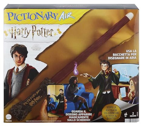 Mattel Games, Pictionary Air Harry Potter - Gioco per disegnare in aria con la penna a forma di bacchetta magica, 112 carte double-face con parole da indovinare, 8+ anni, Versione Italiana, HDC63