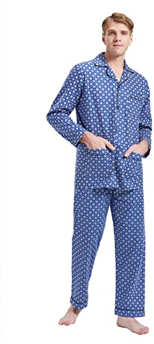 GLOBAL Men's Traditional Cotton Flannel Pyjama Set,Blue Squares 4,XXL