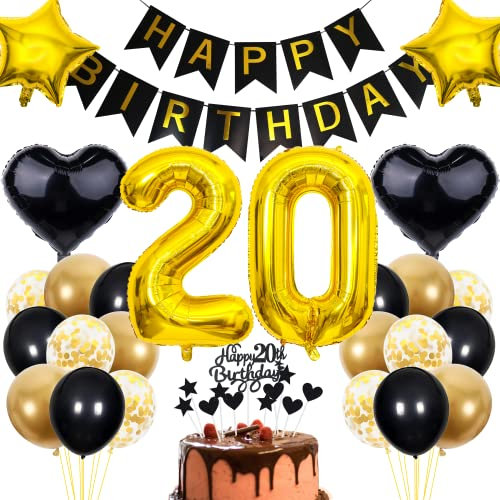 Cnrose 20. Geburtstag Dekoration - Schwarz Gold Party Deko für Männer und Frauen - Tortendeko für 20 Jahre
