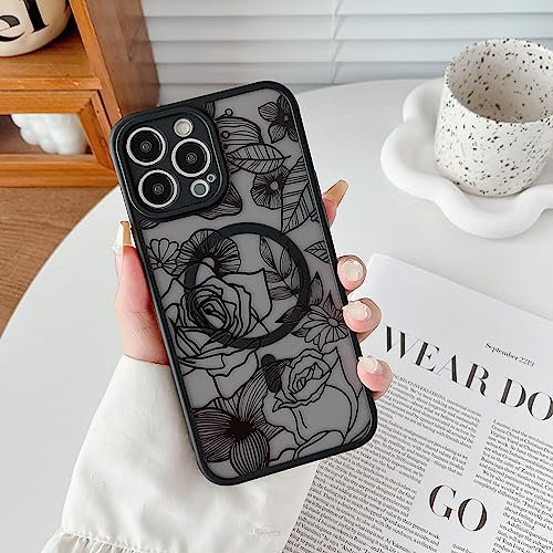 XIZYO Magnetisch Hülle für iPhone 12 Pro Max Kompatibel mit MagSafe, Transparent Matt Rose Floral Blume Muster Stoßfeste Handyhülle, Weiche TPU Stoßstange Schutzhülle, Schwarz