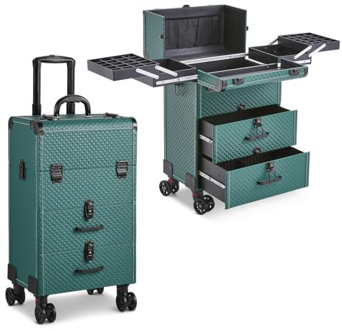 BTGGG Upgrade Professional Makeup Trolley with Drawers, Lockable Cosmetic Vanity Case Beauty Trolley on Wheels, Rolling Train Case Artist Nail Technician Case