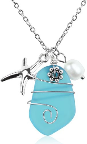 Weviway Sea Glass Wire-Wrapped Necklace with Starfish Pendant, Pearl Charm, Handmade Beach Jewellery for Women