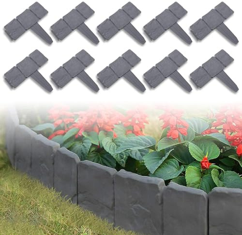LZQ Bordo per aiuole, 40 pezzi, effetto pietra, bordo in plastica (grigio scuro, 10 m)