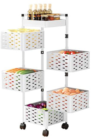 Heikoeco® Servierwagen, Küchenwagen, platzsparender Rollwagen, drehbarer Servierwagen mit Rollen, Küchenwagen auf Rollen, Bad, Küchen, Büro (robust weiß, eckig, 5 Ebene)