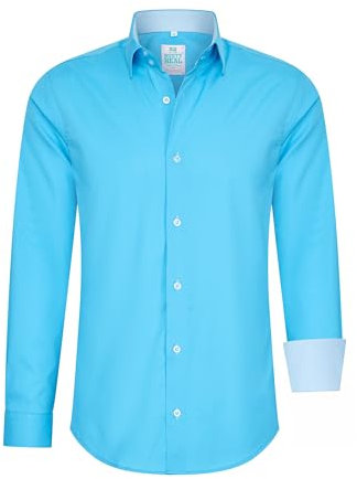 Rusty Neal Herren-Hemd Pastellfarben Premium Slim Fit Langarm Cotton-Stretch Kontrast Hemd Business-Hemden Freizeithemd 66, Größe:M, Farbe:Azur