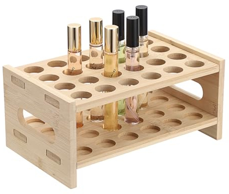 ELLDOO Rollerball Parfüm-Organizer, 24 Fächer, Bambus-Parfüm-Aufbewahrungshalter, Beauty-Dufthalter mit Griff, Make-up, Lipgloss, Lippenstift, Vitrine