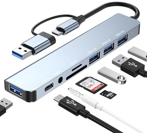 HUB USB 3.0, 8 en 2, Adaptador Tipo C con USB 3.0, 3 puertos USB 2.0, USB tipo C, Lector de Tarjetas SD/TF, 1 ranura para 3.5mm Audio, USB Verteiler para MacBook Air/Pro, Samsung, Windows, Laptop, etc