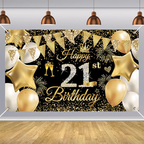 Happy 21st Birthday Banner - 180 x 110cm Black Gold Decorations Backdrop Fabric Sign Poster Photo Background for Boy Girl Her Him Anniversary Party
