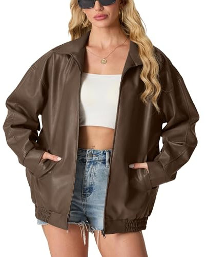 GRECERELLE Faux Leather Jacket Women with Zip Pockets Women's Jackets Long Sleeves Zip Up Motorcycle Jacket Bomber Jacket Womens Coat (Brown,L)