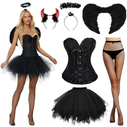 JONRRYIN Disfraz de Ángel Negro y Diablo para Mujer - Alas, Diadema, Corset, Medias de Rejilla - Halloween, Carnaval, Cosplay (Negro, XXL)