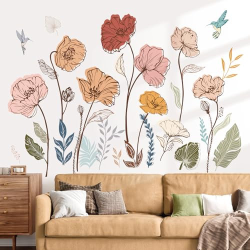 wondever Wandtattoo Boho Blumen Wandaufkleber Bunte Blumen Retro Blätter Gras Wandsticker Wanddeko für Wohnzimmer Schlafzimmer Sofa Hintergrund