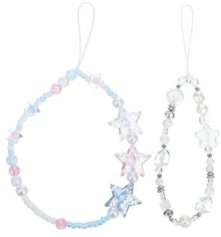 COMNICO Phone Charms Strap, 2Pcs Beaded Phone Charms Beaded Camera Wrist Strap Cute Star Pearl Bracelet Wrist Strap Lanyard Phone Keychain Decoration for Women Gifts