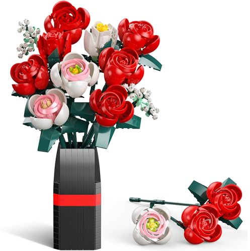 Booyuer Rosenstrauß-Bausatz für Erwachsene, 841 Teile, Künstliches Blumen Set mit ausbaubarem Vase, Geschenk für Kindergeburtstag, für Sie & Ihn, Valentinstag & Muttertag