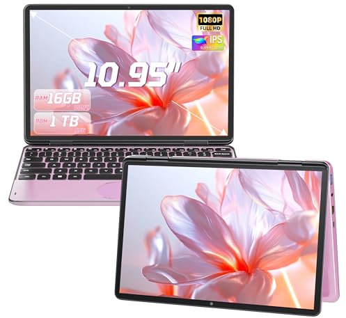 Amita 10.95’’ Pink 2-in-1 Touchscreen Laptop, FHD 1920x1200 IPS Display, 12th Gen N100 Processor, 16GB DDR4 RAM, 1TB M.2 SSD, 360° Flip Design, Portable Business Notebook for Students (Pink, 1TB)