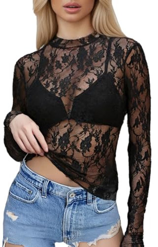 Sahunfri Mesh Tops for Women, Lace Tops for Women UK Sexy See Through Shirts, Y2K Lace Top Layering Blouses (UK, Alpha, M, Regular, Regular, Standard, Black)