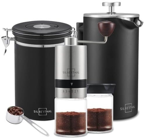 SILBERTHAL Kaffeemühle French Press Set - manuelle Handmühle mit Thermo Kaffeepresse 1l - Verstellbarer Mahlgrad - Edelstahl und Glas - Geschenkset für Kaffeeliebhaber und Vieltrinker