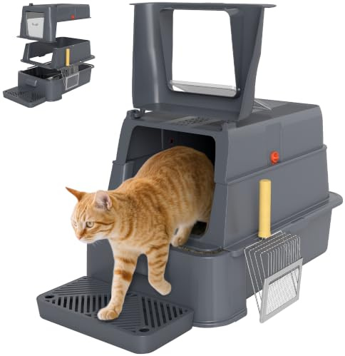 PawHut Lettiera per Gatti Chiusa XXL Acciaio Inox 3 in 1, 80L Grigio Scuro | Toilette per Gatti, Coperchio Ribaltabile 180°, Pedale e Paletta, Antiaderente, Antiodore, Facile da Pulire