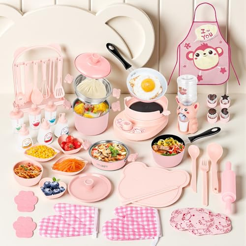 Juego de cocina para niños, 42 piezas, accesorio completo para la cocina de los niños, con juego completo de ollas para 8-12 años, para cocinar y preparar (rosa claro)