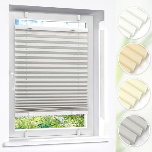 Victoria M. Easyfix Plissee Faltrollo ohne Bohren Plisseeanlage Klemmfix mit Klemmträger für Fenster und Türen, Größe: 35 x 100 cm, Farbe: Grau