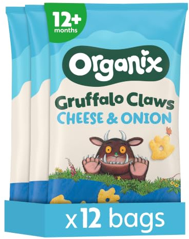 Organix Cheese & Onion Gruffalo Claws, Multipack, 3 x (4 x 15 g Bags) | Organic Corn Puffs, suitable for 10+ Months, Vegetarian & Vegan Friendly, Gluten Free, No Artificial Colours or Flavours