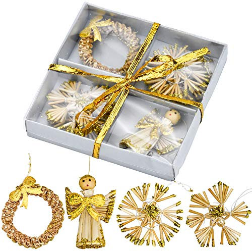 KARAA 8 Strohsterne Set für Christbaumschmuck Wetterfest Weihnachten Baumschmuck Weihnachtsbaum Anhänger Gold Weihnachtsdeko