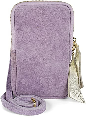 styleBREAKER Damen Leder Handy Umhängetasche aus weichem Veloursleder, Reißverschluss, Echtleder Mini Bag 02012373, Farbe:Flieder
