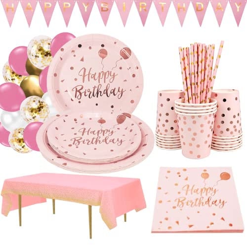 Pink Gold Party Supplies - Birthday Plate, Cutlery, Napkins, Cups, Straws, Tablecloths for Baby Shower - Serves 16