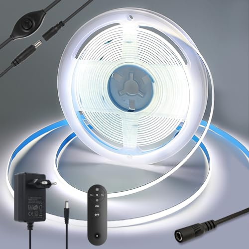 Yamlten LED strip 3m 12V COB LED Streifen mit RF Fernbedienung, Netzadapter,6000k Kaltes Weiß,320 LEDs/M Dimmbar LED Strip,LED Band für TV Hintergrundbeleuchtung,Computer,Schrank,Schlafzimmer.