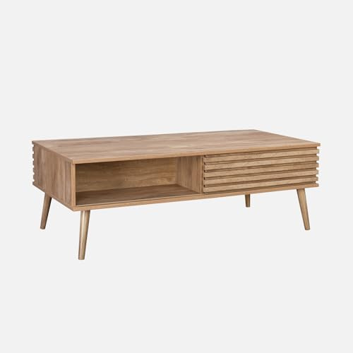 Alice's Garden sweeek - Table Basse scandinave avec Portes coulissantes décor Bois rainuré et niches de Rangement