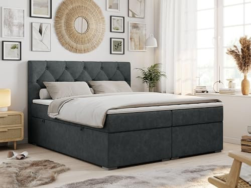 MKS MEBLE Boxspringbett 200x200 mit Matratze und Topper, Boxspringbett mit Bettkasten und Kopfteil- Alda - H3 Dunkelgrau Struktur
