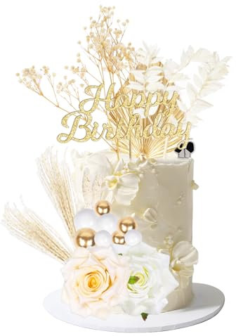 25Pcs Flower Cake Decorations, Happy Birthday Cake Toppers and Cake Balls Dried Flower Gold Cake Decorations for Birthday, Wedding Decorations
