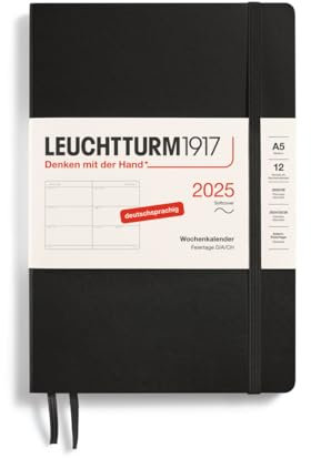 LEUCHTTURM1917 370563 Wochenkalender Medium (A5) 2025, Softcover, Schwarz, Deutsch