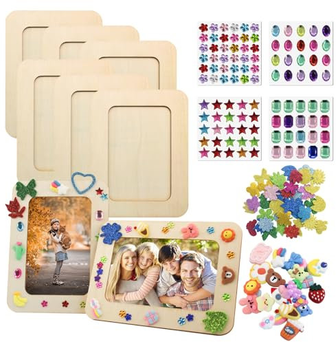 MoguGo 6 Stück Bilderrahmen Set Holzbilderrahmen Bilderrahmen mit Glitzersteine Selbstklebend Moosgummi Sticker 3D Aufkleber DIY Bilderrahmen zum Bemale für Jubiläen Geburtstage Muttertag