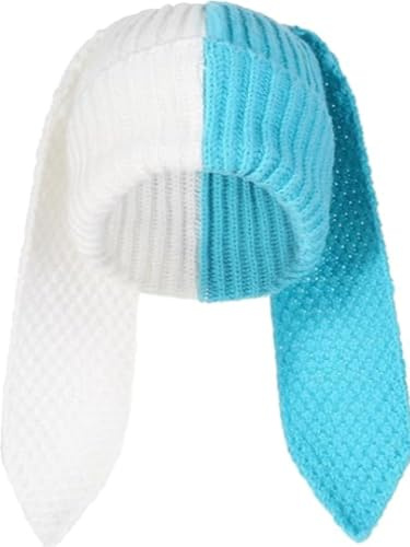 YEKEYI Strickmütze, niedlicher Hase, lange Ohren, lustige Mütze, Kaninchen, Wintermütze, warme Skimütze, weiß / blau, Einheitsgröße
