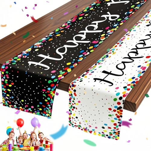 QGGTQG Tischläufer Geburtstag, 2 Stück Bunt Happy Birthday, 180 x 33 cm, Leinen, Schwarz + Weiß
