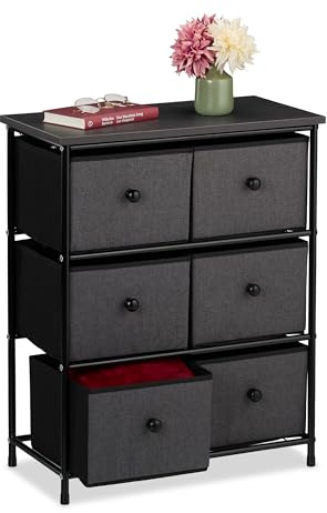 Relaxdays Chest of Drawers, 6 Fabric Compartments, Hallway & Bedroom, HWD: 73x60x32 cm, Dresser, Metal, Grey/Black