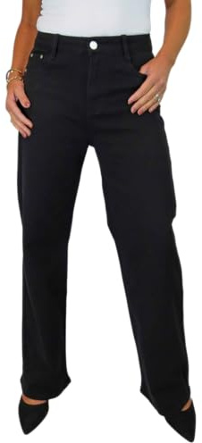 Paulo Due Women's High Waist Wide Leg Jeans Ladies Stretch Denim Solid Colour Heavy Cotton Jeans Black 10-20 (10)