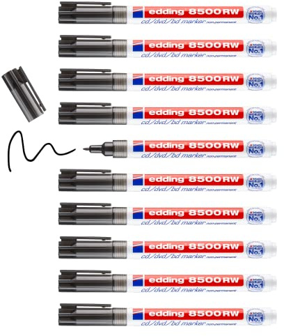 Edding 8500 Rw Cd/DVD/Bd Marker - Black - 10 Pens - Fine Round Nib 1 Mm - for Non-Permanent Labelling of Cds, DVDs and Blu-Ray Discs