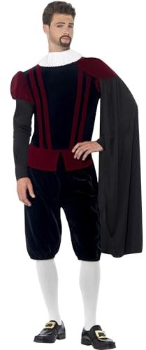 Smiffy's 43418L - Tudor Herr Deluxe Kostüm mit Top-Hose Cape und Ausschnitt mit Rüschen