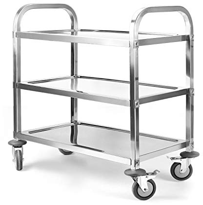 Nisorpa 3-stöckiger Edelstahl-Allzweckwagen (L x B x H): 94 x 50 x 94 cm, Küchenrollwagen mit Rädern, Servierwagen, Catering, Lagerregal mit 2 feststellbaren Rädern, für Hotel, Restaurant, Zuhause