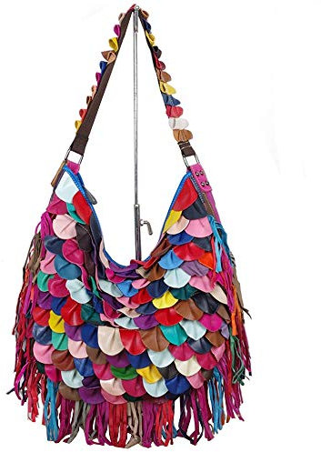 Segater® Damen Schultertaschen Hobo Bag aus Schaffell Mehrfarben-Patchwork-Umhängetasche 3D Leaf Pattern Bunte Quaste Handtasche Geldbörsen Mehrfarbig