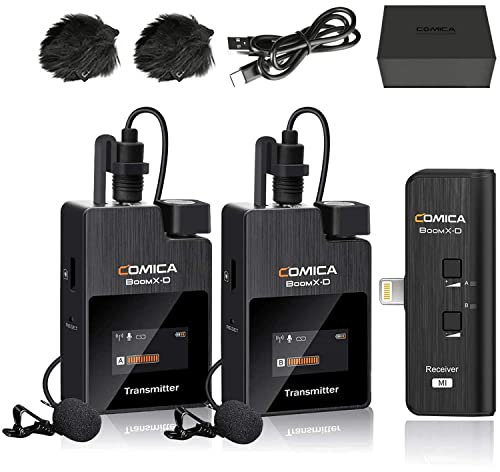 COMICA Wireless Lavalier Microphone for iPhone, BoomX-DMI2 2.4GHz Wireless Microphone System with 2 Transmitter and Receiver for iPhone 12 11 8 7 XS, iPad, MacBook for YouTube Interview Live-stream