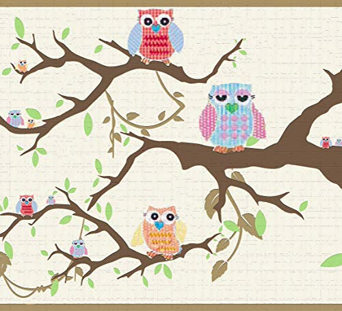 Dundee Deco DDAZBD9030 Tapetenbordüre zum Abziehen und Aufkleben – Kinder rot, blau, orange, beige Eulen auf dem Baum, Wandbordüre, Retro-Design, 4,57 m x 17,78 cm, selbstklebend