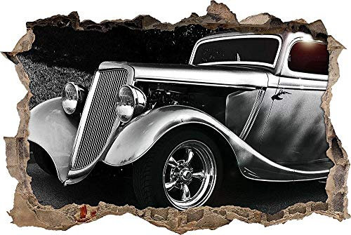 3D Wandtattoo Mauerloch Wandsticker Wandaufkleber Durchbruch selbstklebend Schlafzimmer Wohnzimmer Kinderzimmer,edler Oldtimer in schwarz,Größe: 50x75cm