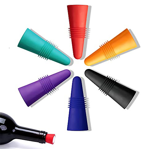 6 tapones para botellas de vino reutilizables, tapones para botellas de colores de silicona y acero inoxidable, tapón de la botella con tornillo para almacenar cerveza, champán, bebidas alcohólicas